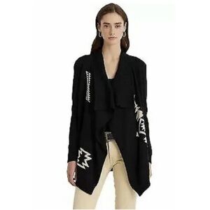 Ralph Lauren Women’s Oversized Aztec Cardigan Waffle Linen Blend Black